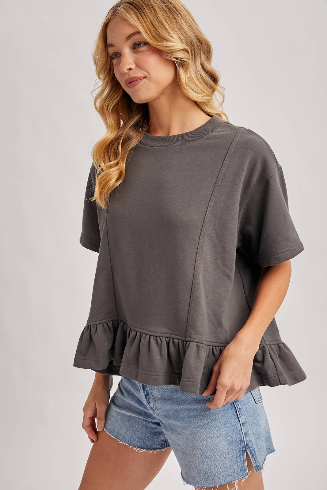 Ruffled Peplum Boxy Knit Tee