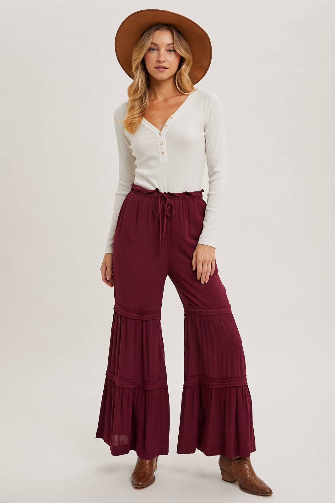 Drawstring Waist Tiered Palazzo Pants
