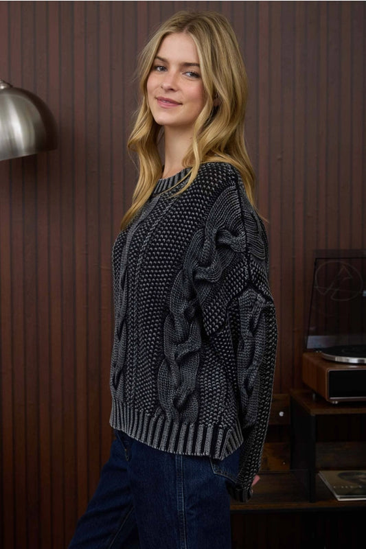 Washed Cable Knit Pullover Sweater