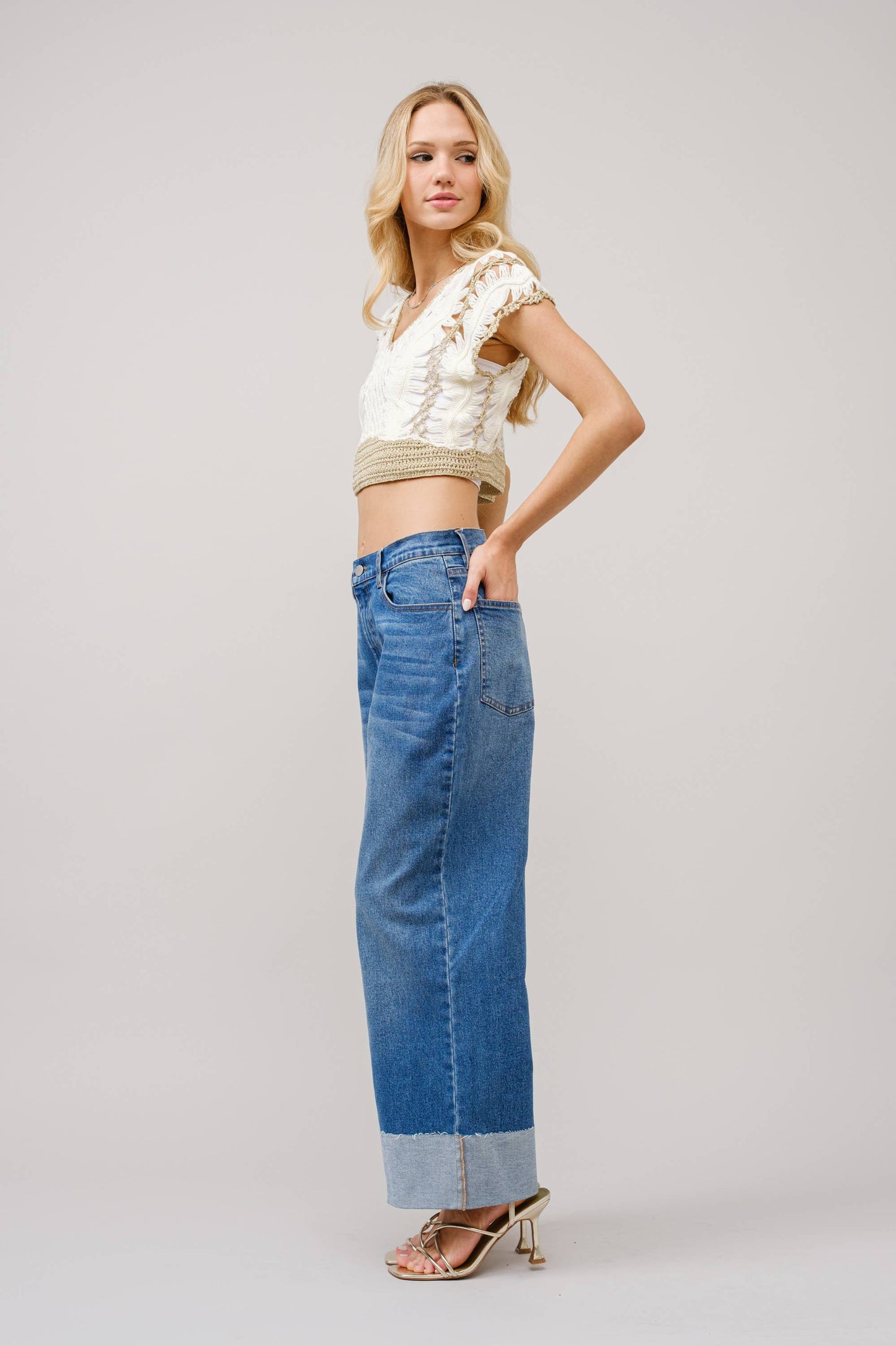 Wide Cuff Mid Rise Stretch Jeans