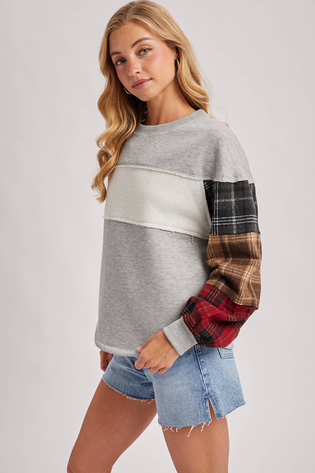 Color Block Plaid Patch Pullover