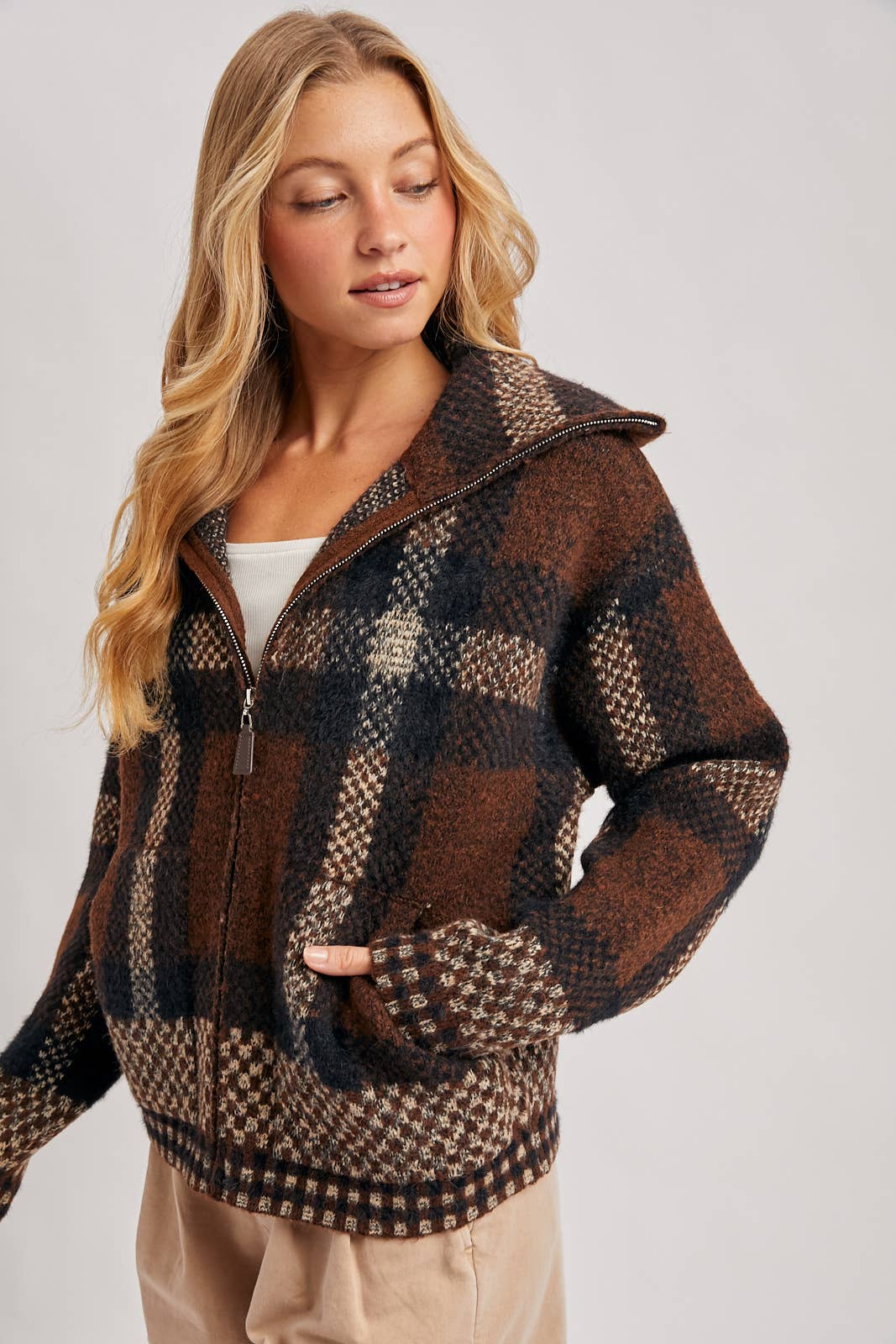Plaid Zipper Front Knit Sweater Jacket