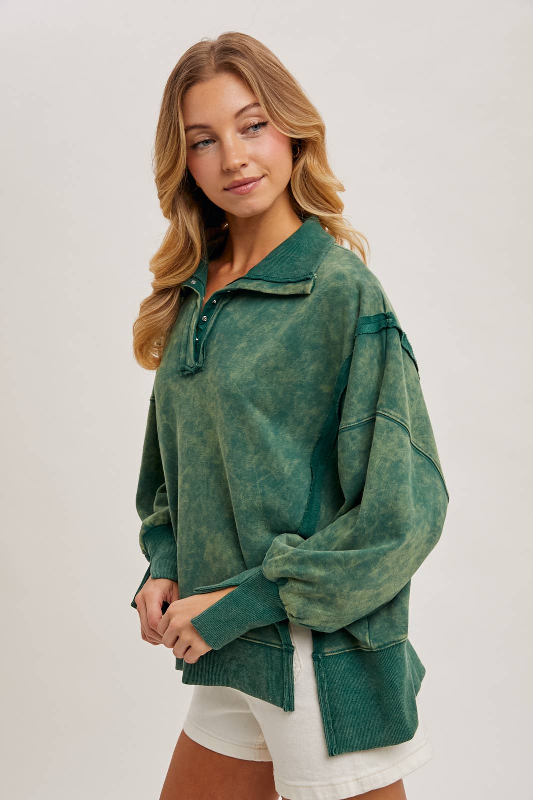 Washed Side Slit Henley Pullover