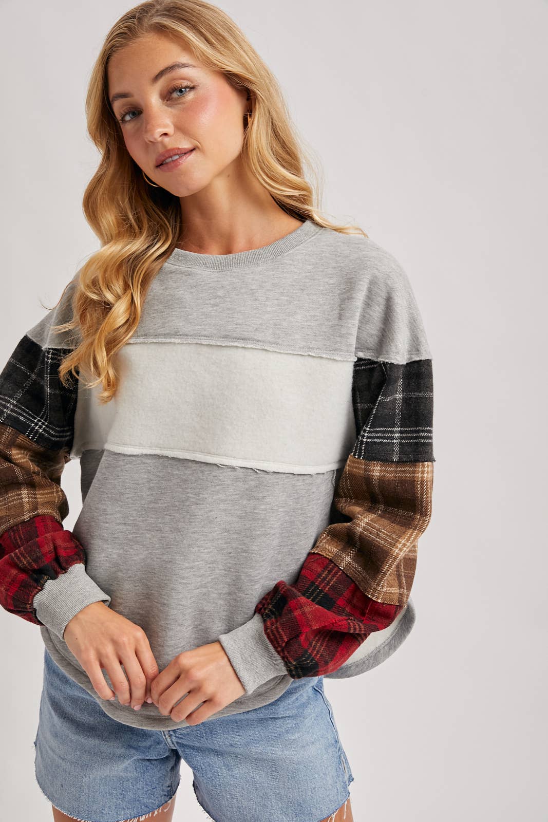 Color Block Plaid Patch Pullover